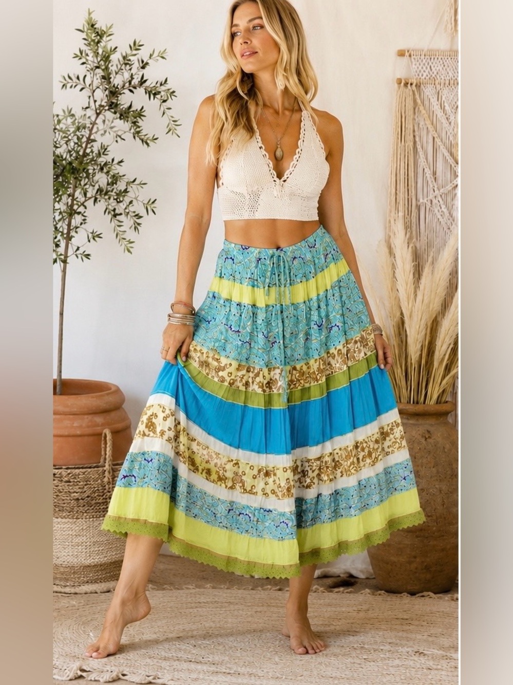 Venezia™ Boho Patchwork Tiered Vibrant Maxi Skirt, Festival Style, Size 18/20